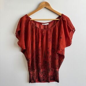 Vintage Charlotte Russe Blouse Floral Print Sheer Flutter Sleeve Top‎ Red Size S